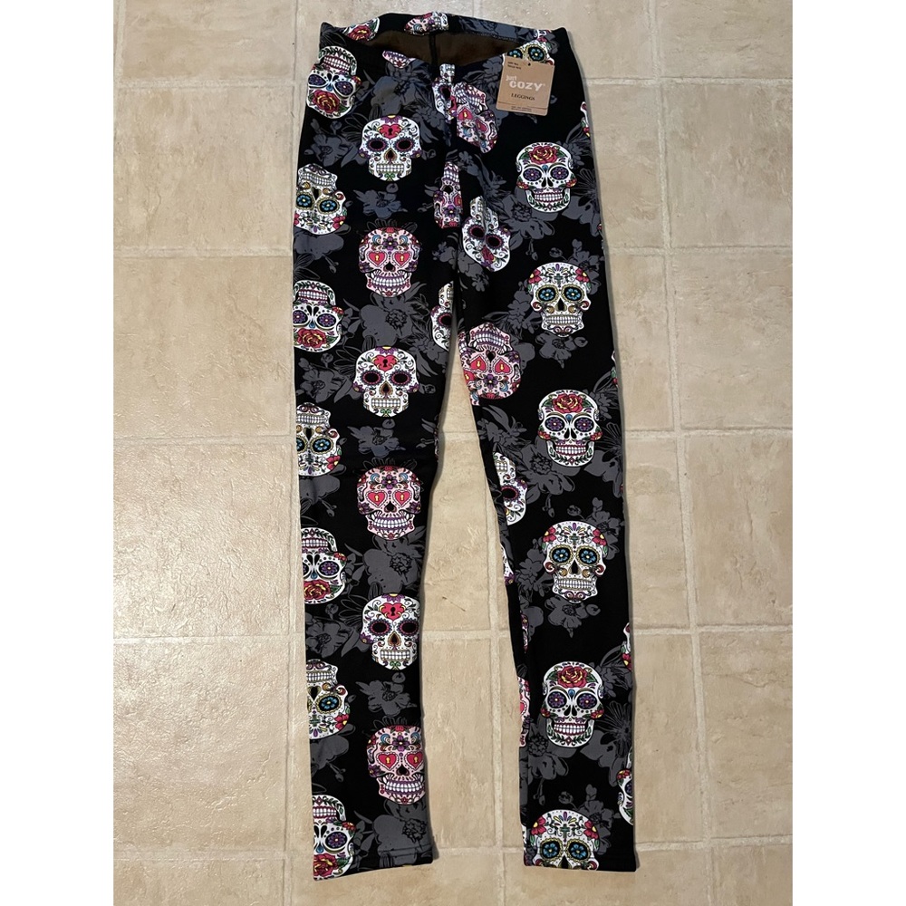 Cozy Candy Skull Leggings - Black with Multicolor Skull Print